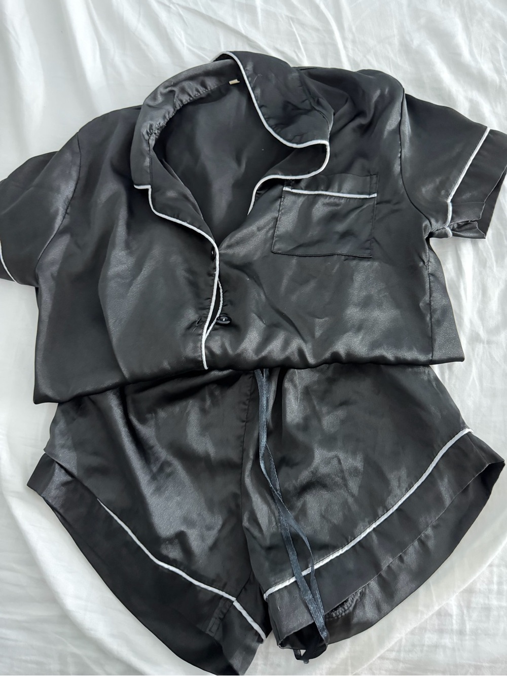 Black Satin Short Sleeve Pajama Set with White Piping
